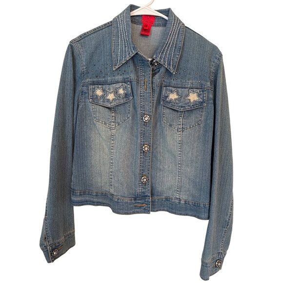 V Cristina Star Embellished Denim Jacket Medium Rhinestone Buttons Comfort - Picture 1 of 6
